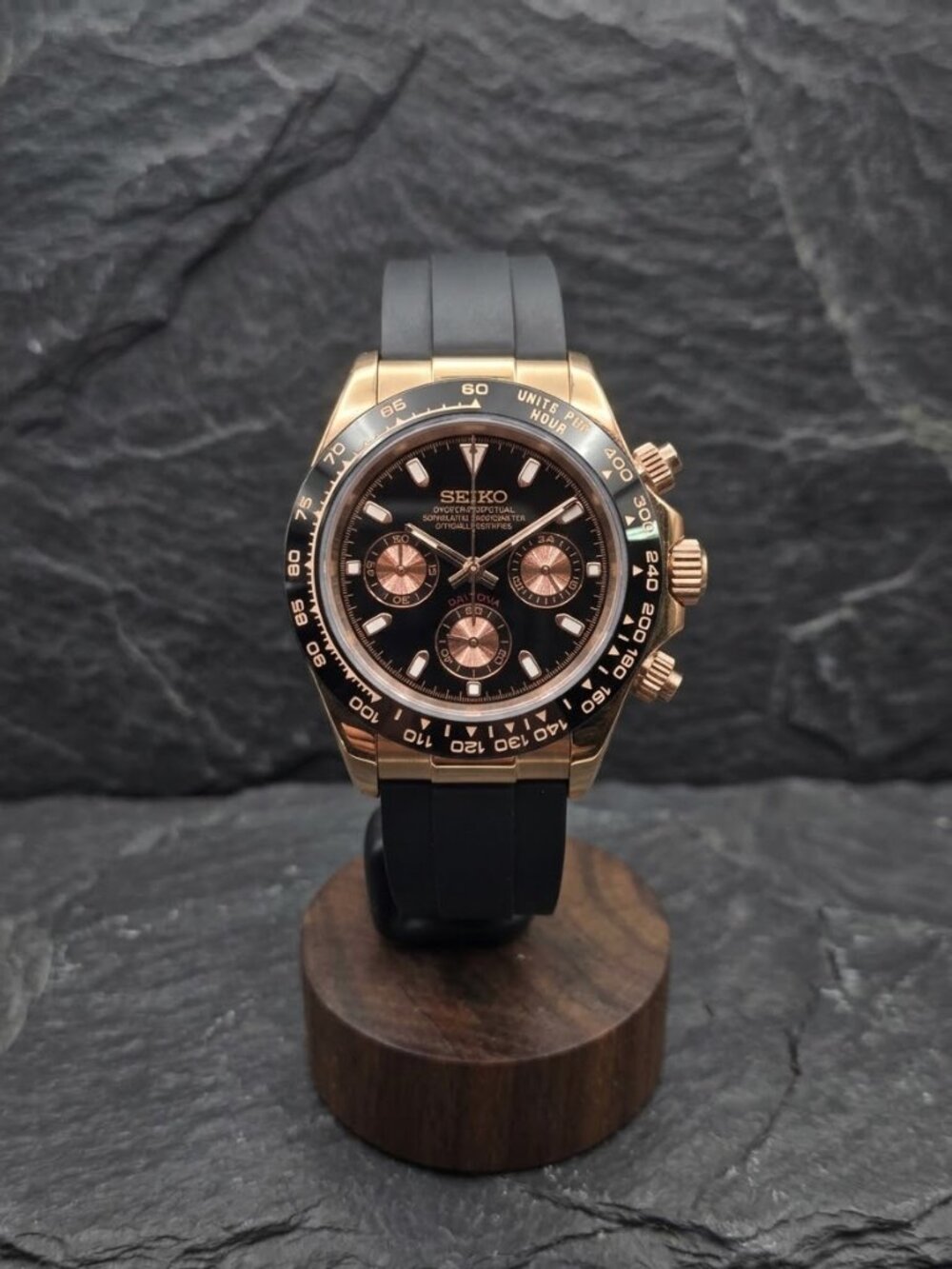 Custom 39mm Seiko Mod Watch VK63 Rose Gold Daytona w/ Black Dial